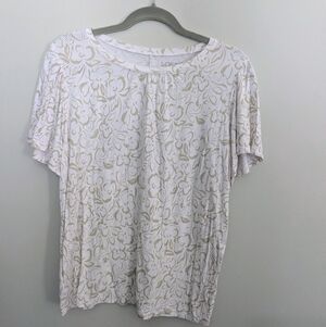 LOFT Large Women's White and Tan Floral Blouse, Flutter Short Sleeve